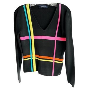 MinKas Black Graphic V-Neck Sweater with Appliquéd Stripes Size Small